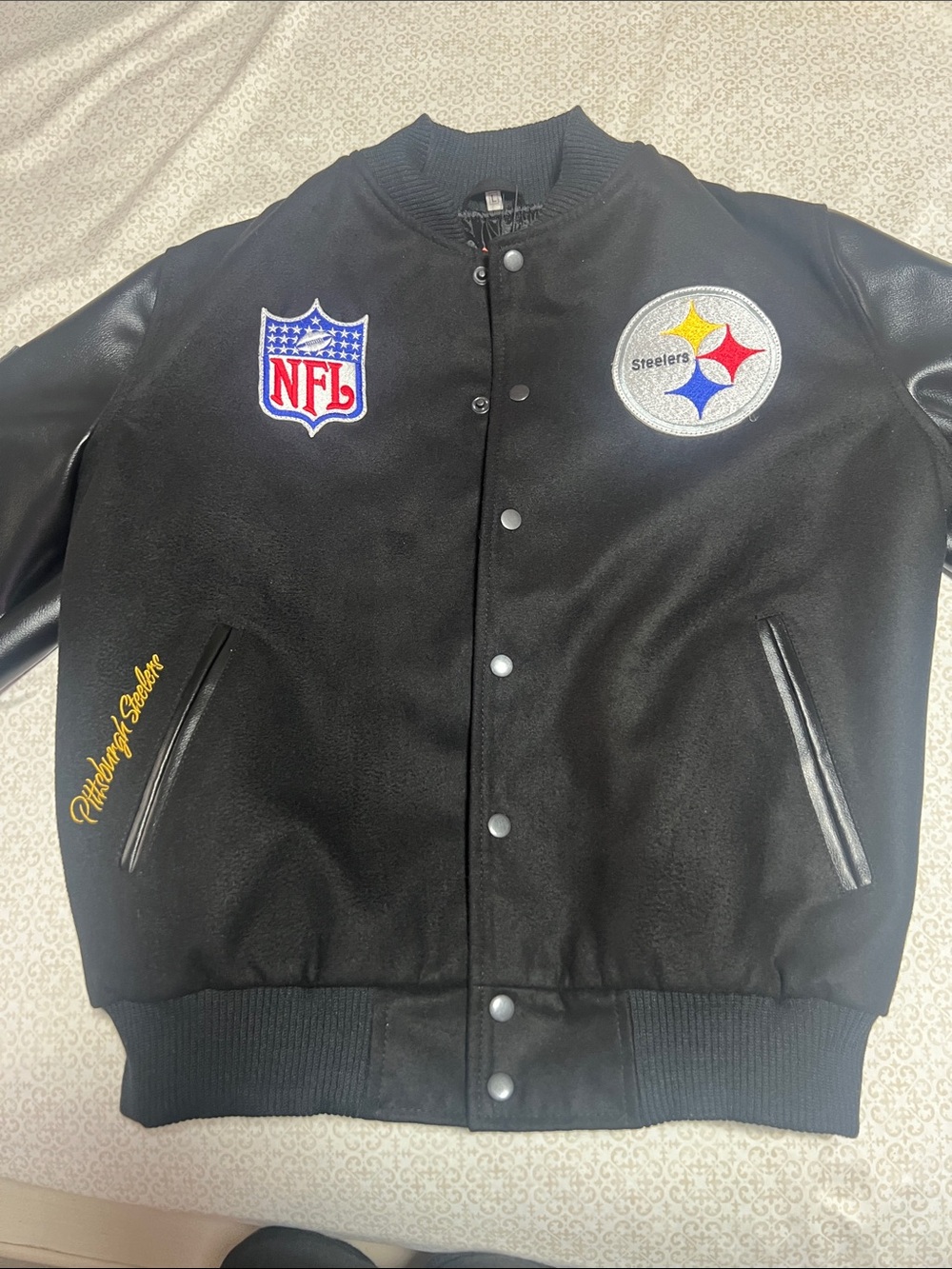 NFL Black and White Varsity Jacket with Multicolor Patches